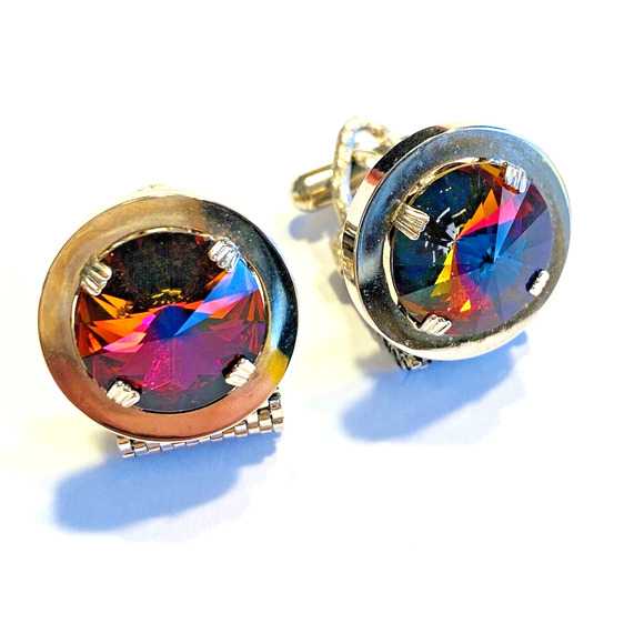 Vintage Mid Century Cufflinks Chunky Silvertone Mesh Wrap Watermelon Stones - Picture 1 of 7